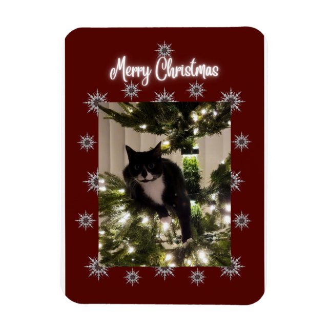 Merry Christmas card with Tuxedo cat on my tree. Magnet (Vertikal)