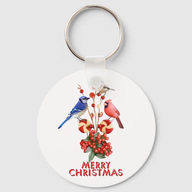 Merry Christmas Cardinal Blue Jay Chickadee Schlüsselanhänger (Vorderseite)