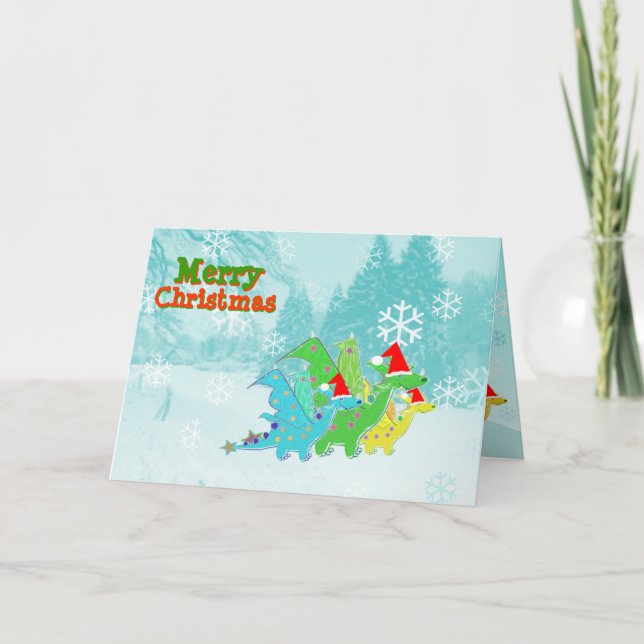 Merry Christmas Cartoon Dragons Feiertagskarte (Vorderseite)