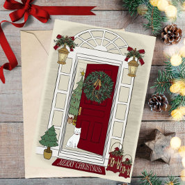 Merry Christmas Cat at the door Greeting Card Feiertagskarte
