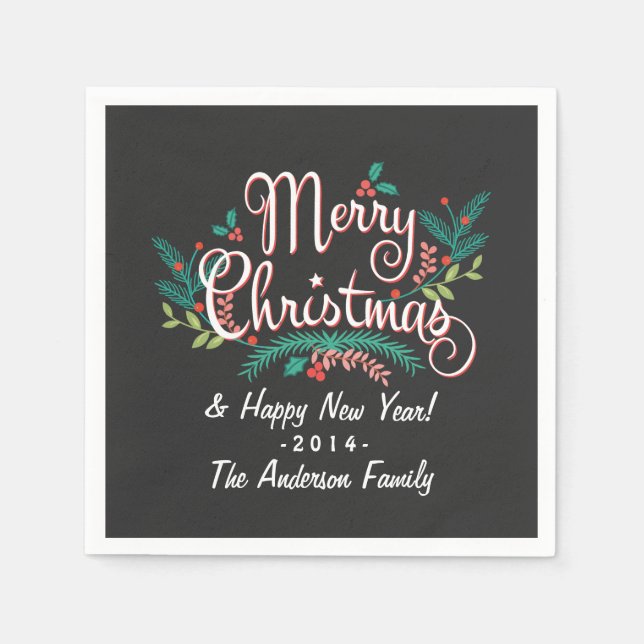 MERRY CHRISTMAS CHALKBOARD HOLLY UND BRANCHEN SERVIETTE (Vorderseite)