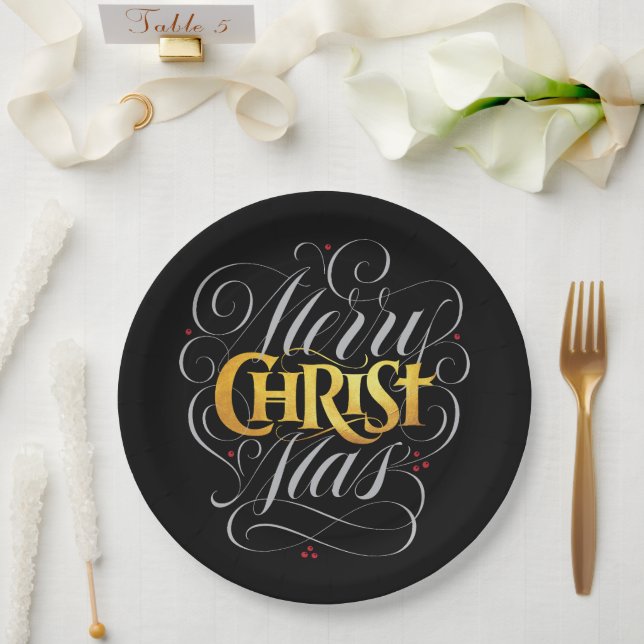 Merry CHRISTmas Christliches Gold Script Christus  Pappteller (Hochzeit)