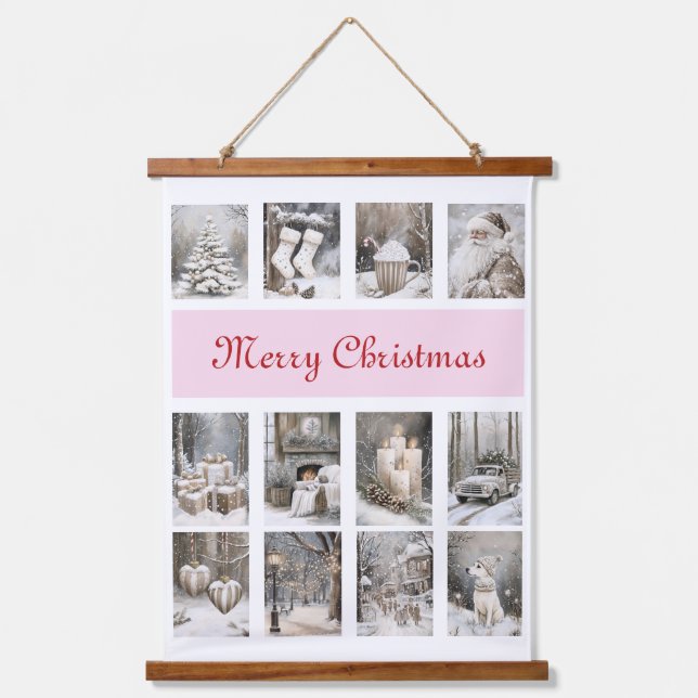 Merry Christmas Collage Holiday Scenes Wandteppich Mit Holzrahmen (Vorderseite)