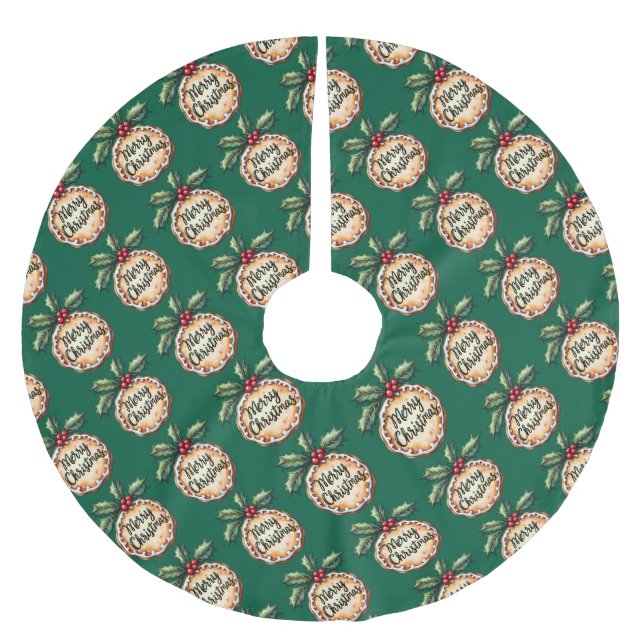 Merry Christmas Cookie with Holly Berries Green Polyester Weihnachtsbaumdecke (Vorderseite)