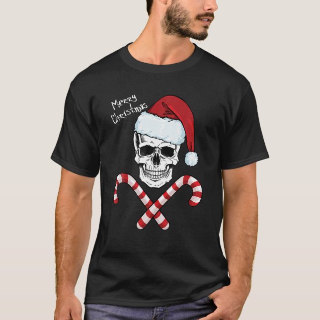 Merry Christmas Cool Skeleton Skull Hat Santa Cand T-Shirt (Vorderseite)