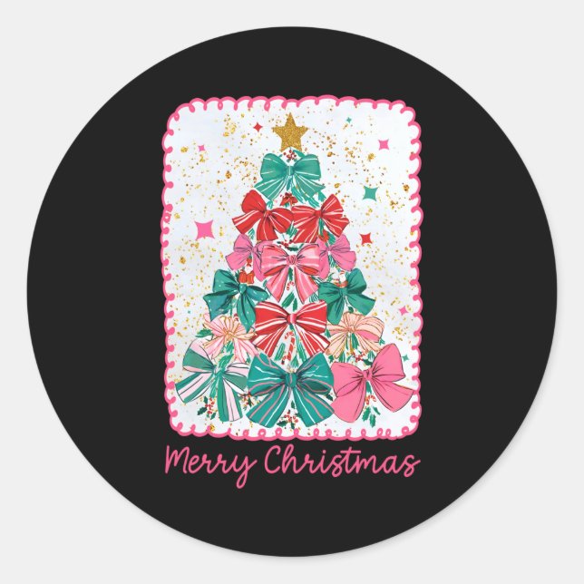 Merry Christmas Coquette Bow Xmas Tree Holiday Gir Runder Aufkleber (Vorderseite)