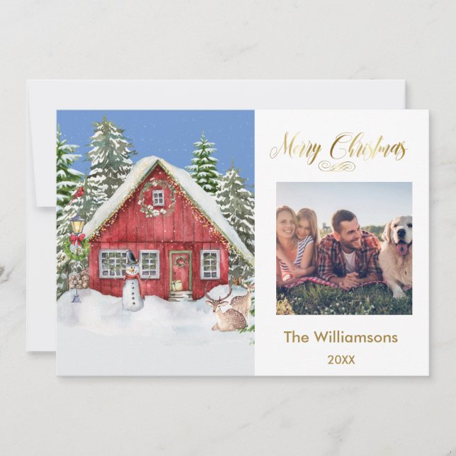 Merry Christmas Country Scene Family Photo Karte (Vorderseite)