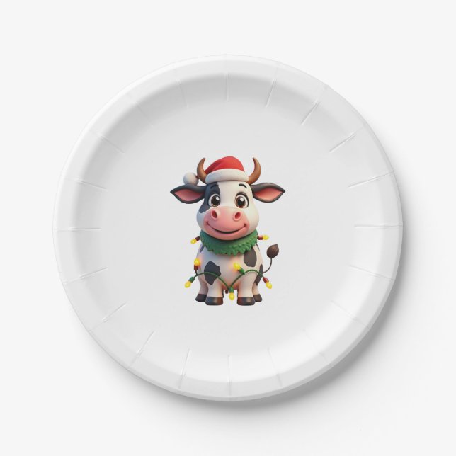 Merry Christmas Cow Santa Christmas Lights Cow Xma Pappteller (Vorderseite)