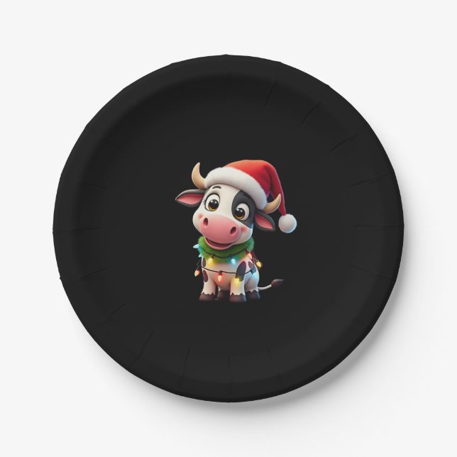 Merry Christmas Cow Santa Christmas Lights Cow Xma Pappteller (Vorderseite)