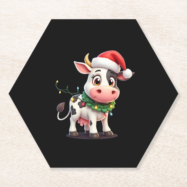 Merry Christmas Cow Santa Christmas Lights Cow Xma Untersetzer (Vorderseite)