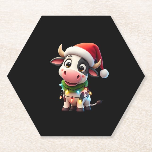 Merry Christmas Cow Santa Christmas Lights Cow Xma Untersetzer (Vorderseite)