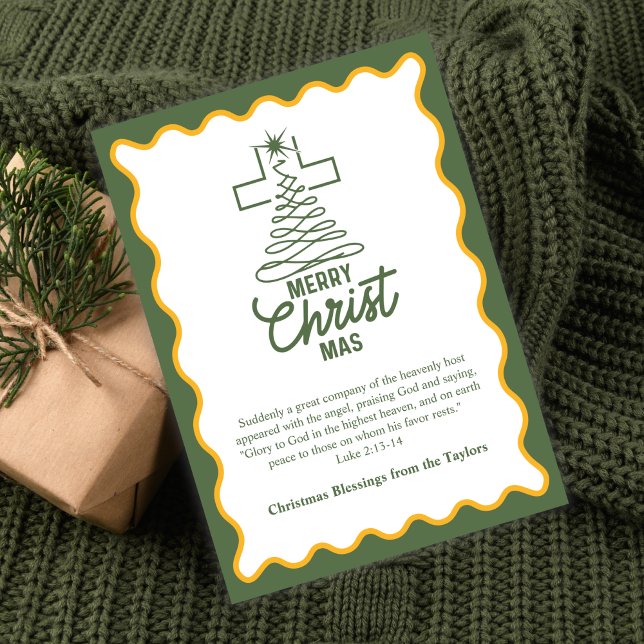 Merry Christmas Cross Tree Blessings Feiertagskarte (Merry CHRISTmas Cross-Tree Card Green & Gold with Luke 2:13–14)