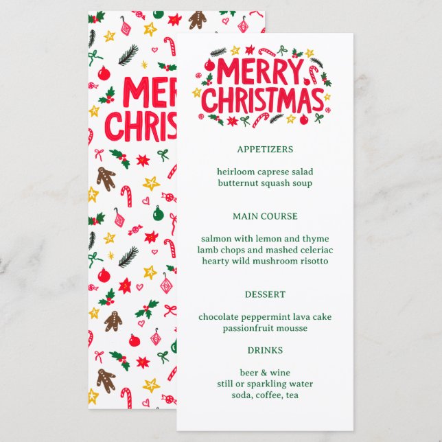 Merry Christmas Cute CUSTOM Holiday Dinner Party Menükarte (Vorne/Hinten)