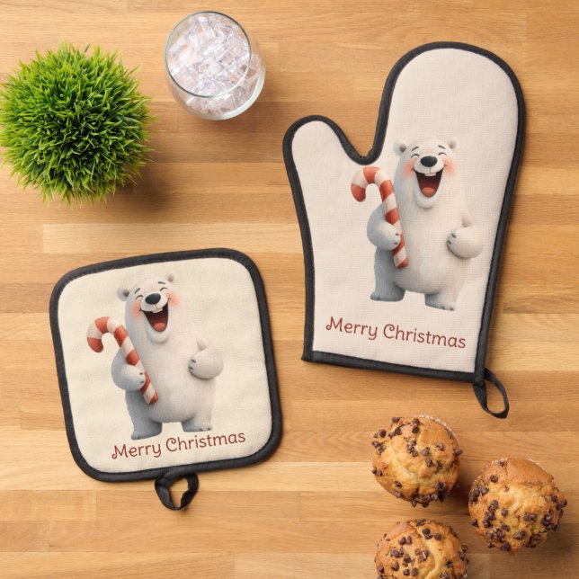 Merry Christmas Cute Polar Bear Design Ofenhandschuh & Topflappen-Set (Oben Unten)