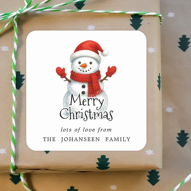 Merry Christmas Cute Snowman Black Typography Quadratischer Aufkleber (Von Creator hochgeladen)