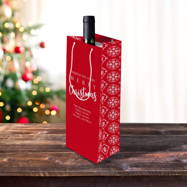 Merry Christmas Cute Whimsical Red Snowflake  Geschenktüte Für Weinflaschen (Merry Christmas holiday snowflake pattern wine gift bag.)