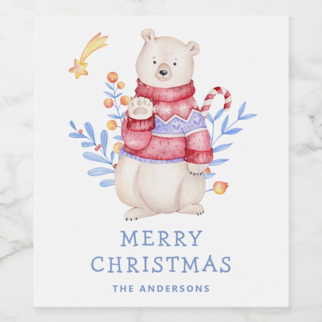 Merry Christmas. Cute winter holiday woodland bear Weinetikett (Einzelnes Label)