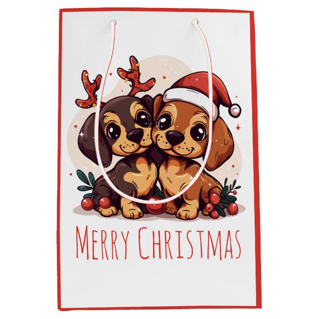 Merry Christmas Dachshund Dogs Mittlere Geschenktüte (Vorderseite)