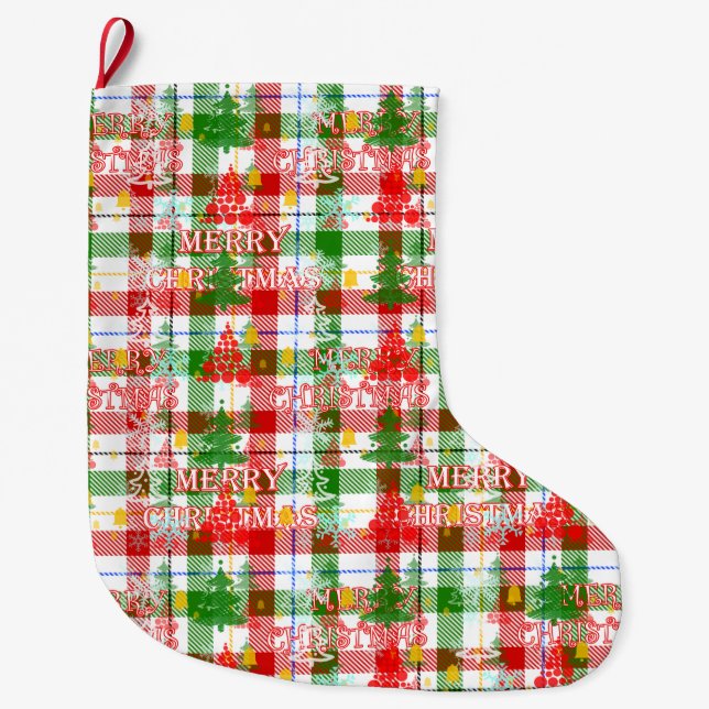 Merry Christmas Decorative Plaid Tartan  Großer Weihnachtsstrumpf (Vorderseite)