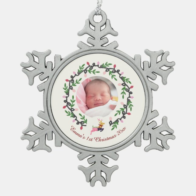 Merry Christmas Deer Cream Customize Schneeflocken Zinn-Ornament (Vorderseite)