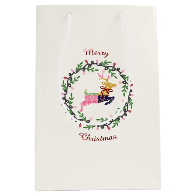 Merry Christmas Deer Medium Gift Bag Mittlere Geschenktüte (Vorderseite)