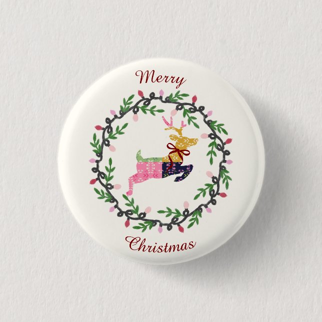 Merry Christmas Deer with Wreath Customize Button (Vorderseite)