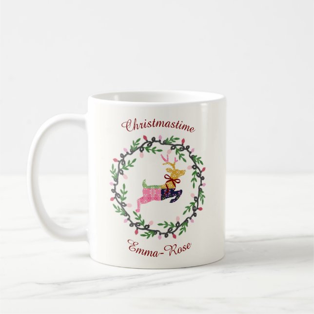 Merry Christmas Deer with Wreath Customize Kaffeetasse (Links)