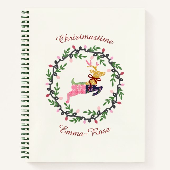 Merry Christmas Deer with Wreath Customize Notizbuch (Vorderseite)