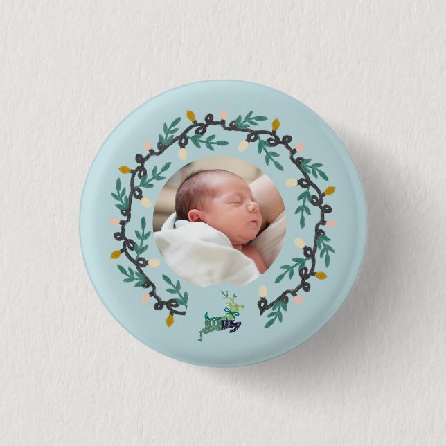 Merry Christmas Deer with Wreath Teal Button (Vorderseite)
