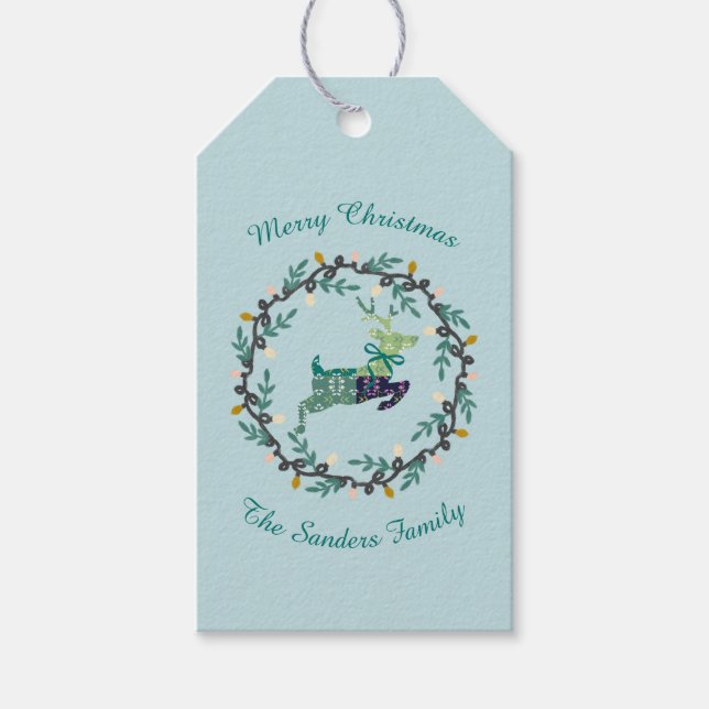 Merry Christmas Deer with Wreath Teal Customize Geschenkanhänger (Vorderseite)