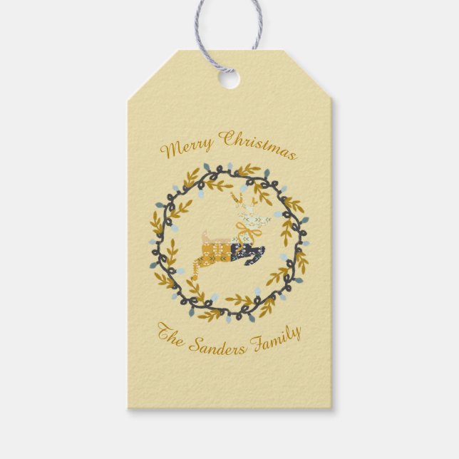 Merry Christmas Deer with Wreath Yellow Customize Geschenkanhänger (Vorderseite)