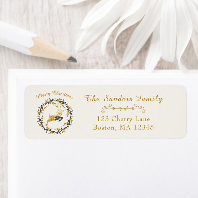 Merry Christmas Deer & Wreath Yellow Cream Address (Insitu)