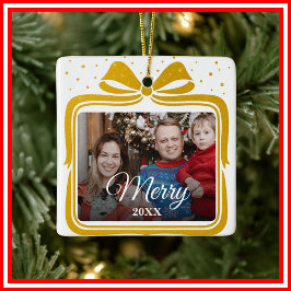 Merry Christmas Elegant Bow Present Photo Collage Keramikornament