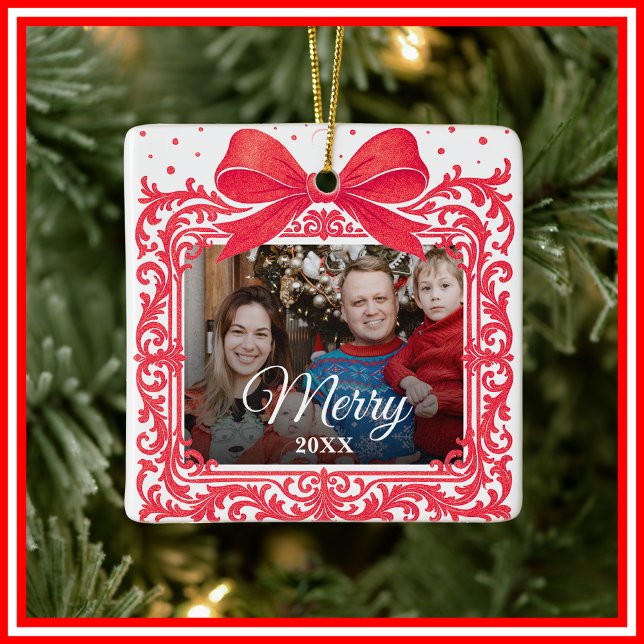  Merry Christmas Elegant Bow Present Photo Collage Keramikornament (Von Creator hochgeladen)