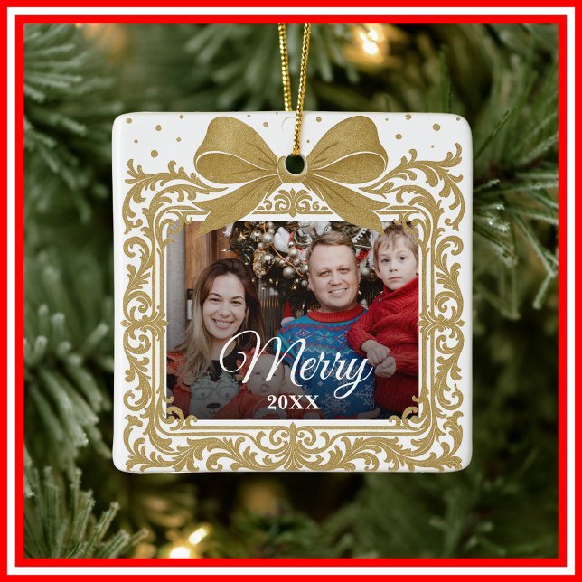  Merry Christmas Elegant Bow Present Photo Collage Keramikornament (Von Creator hochgeladen)
