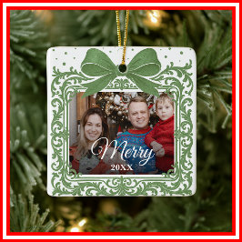 Merry Christmas Elegant Bow Present Photo Collage Keramikornament