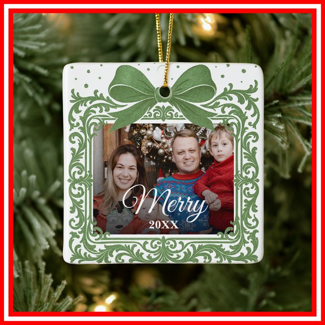  Merry Christmas Elegant Bow Present Photo Collage Keramikornament (Von Creator hochgeladen)