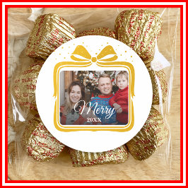 Merry Christmas Elegant Bow Present Photo Collage Runder Aufkleber