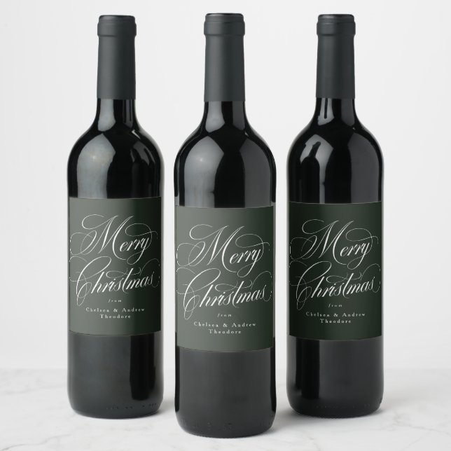 Merry Christmas elegant hunter green holiday Weinetikett (Flaschen)