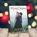 Merry Christmas Elegant Red Green Script Photo Fotoplatte<br><div class="desc">Elegant Merry Christmas photo plaque with beautiful cursive typography in red and green. This modern holiday family photograph gift features gorgeous script and your name in white over the full bleed picture.</div>