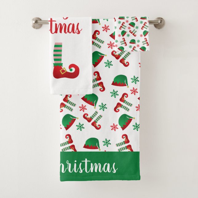 Merry Christmas Elf Hat Pattern Green Red Badhandtuch Set (Insitu)
