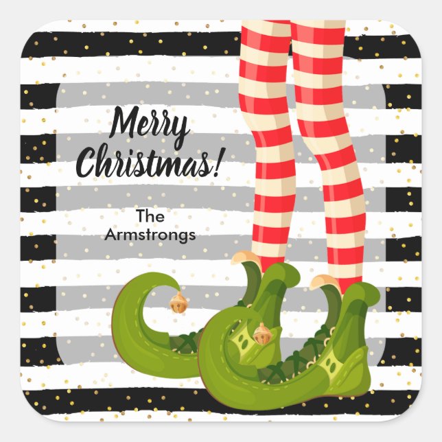 Merry Christmas Elf Legs  Quadratischer Aufkleber (Vorderseite)