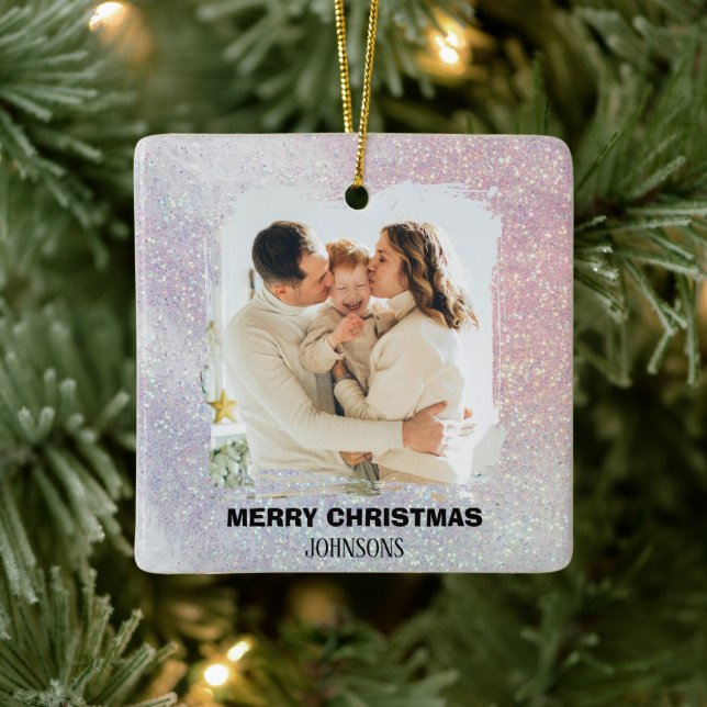 Merry Christmas Family Photo Pink Glitter Ornament (Baum)