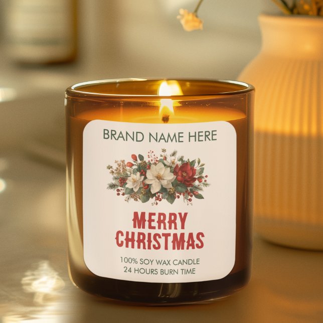 Merry Christmas | Festive Flowers Candle Labels Quadratischer Aufkleber (Von Creator hochgeladen)