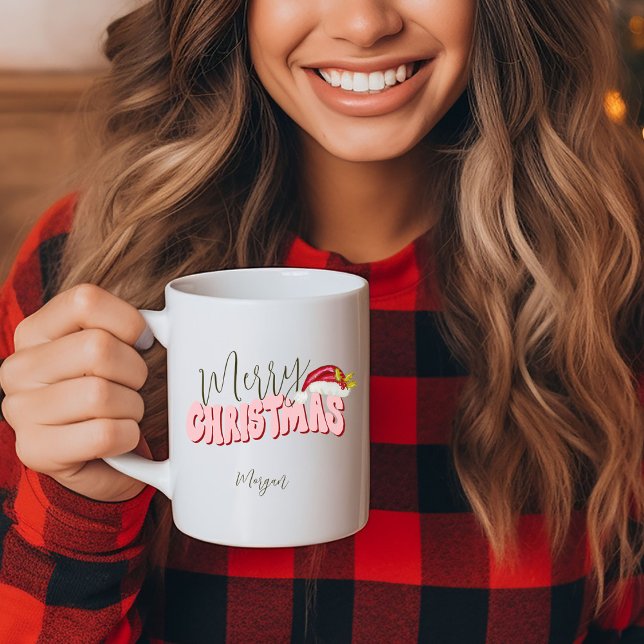 Merry Christmas Festive Retro Pink Red Add Name    Kaffeetasse (Fun retro inspired Merry Christmas mug, personalized with your name original art by Malissa Melrose)