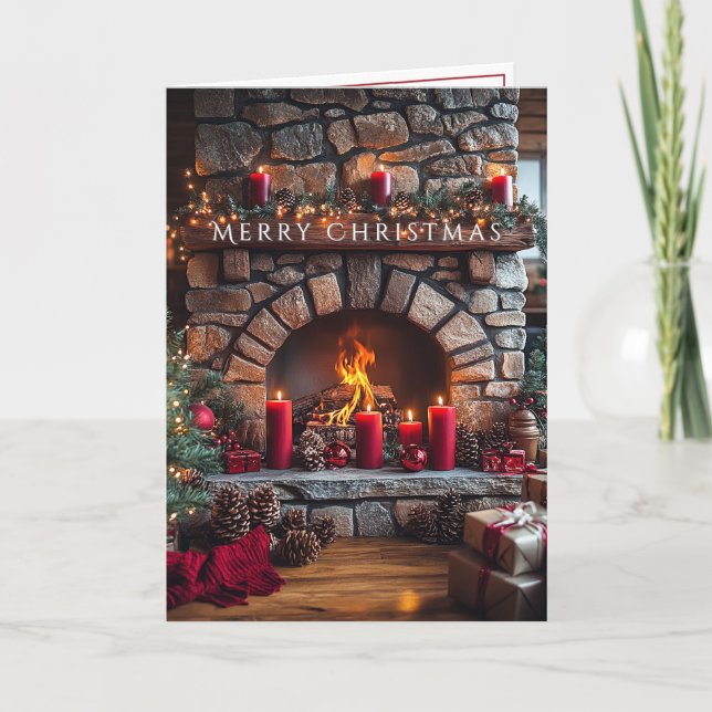 Merry Christmas  Fireplace Red Candles Pine Cones Karte (Vorderseite)