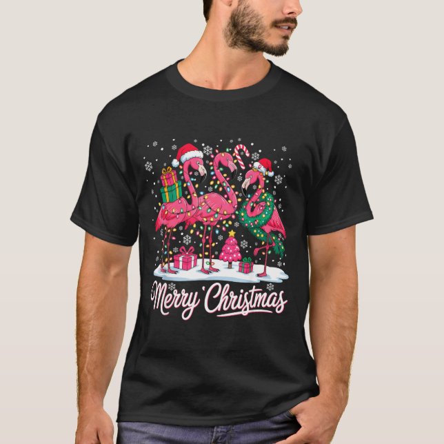 Merry Christmas Flamingo Lights Santa Hat Snow Xma T-Shirt (Vorderseite)