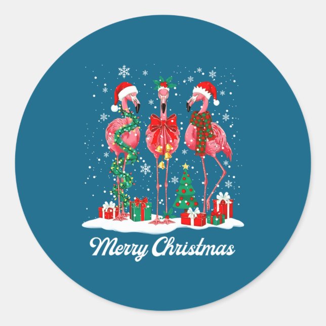 Merry Christmas Flamingo Santa Hat Christmas Light Runder Aufkleber (Vorderseite)