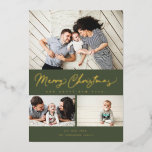 Merry Christmas Foil Script 3 Collage Multi-Foto Folien Feiertagskarte<br><div class="desc">Modernes Pinselskript mit 3 Fotos. Kommt auch mit einem Foto auf der Rückseite.</div>