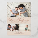 Merry Christmas Foil Script 3 Collage Multi-Foto Folien Feiertagskarte<br><div class="desc">Modernes Pinselskript mit 3 Fotos. Kommt auch mit einem Foto auf der Rückseite.</div>